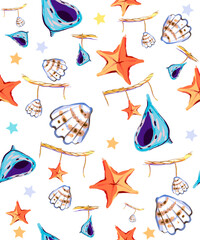 Seamless background with marine elements. Starfish, seashells and an anchor rope. Vintage drawing for marine design. Vector.