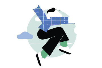 Minimalist Jumping Character Illustration – Modern Cartoon Style, Bold Colors, Floating Person with Abstract Clouds for Tech Branding, Editorial, and App Design.