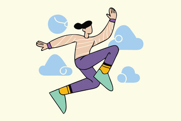 Minimalist Jumping Character Illustration – Modern Cartoon Style, Bold Colors, Floating Person with Abstract Clouds for Tech Branding, Editorial, and App Design.