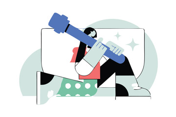 Minimalist Jumping Character Illustration – Modern Cartoon Style, Bold Colors, Floating Person with Abstract Clouds for Tech Branding, Editorial, and App Design.