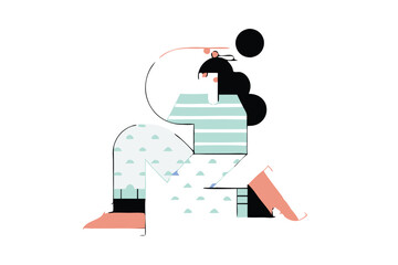 Minimalist Jumping Character Illustration – Modern Cartoon Style, Bold Colors, Floating Person with Abstract Clouds for Tech Branding, Editorial, and App Design.