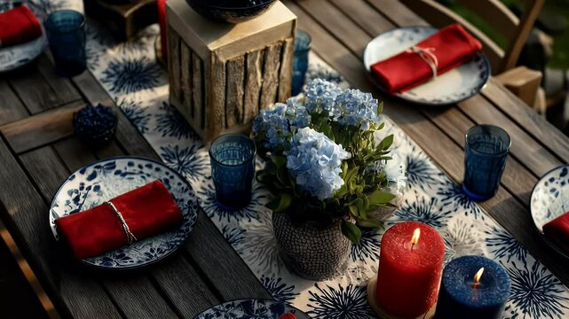 Festive summer table setting with red and blue decor