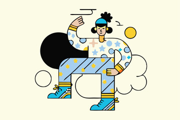 Minimalist Jumping Character Illustration – Modern Cartoon Style, Bold Colors, Floating Person with Abstract Clouds for Tech Branding, Editorial, and App Design.