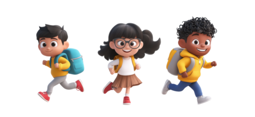 Cheerful Cartoon School Kids with Backpacks – Happy Children Isolated on White