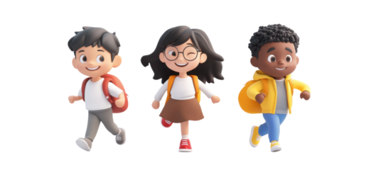 Cheerful Cartoon School Kids with Backpacks – Happy Children Isolated on White