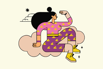 Minimalist Jumping Character Illustration – Modern Cartoon Style, Bold Colors, Floating Person with Abstract Clouds for Tech Branding, Editorial, and App Design.