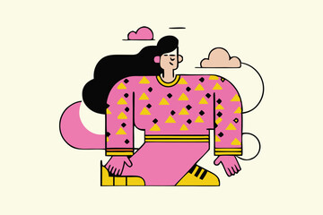 Minimalist Jumping Character Illustration – Modern Cartoon Style, Bold Colors, Floating Person with Abstract Clouds for Tech Branding, Editorial, and App Design.