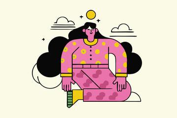 Minimalist Jumping Character Illustration – Modern Cartoon Style, Bold Colors, Floating Person with Abstract Clouds for Tech Branding, Editorial, and App Design.