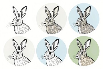 Six Elegant Line Art Hare Portraits Pastel Backgrounds Wildlife Illustration