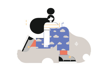 Minimalist Jumping Character Illustration – Modern Cartoon Style, Bold Colors, Floating Person with Abstract Clouds for Tech Branding, Editorial, and App Design.