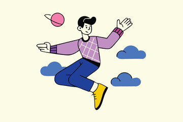 Minimalist Jumping Character Illustration – Modern Cartoon Style, Bold Colors, Floating Person with Abstract Clouds for Tech Branding, Editorial, and App Design.