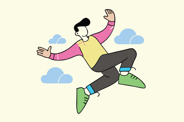 Minimalist Jumping Character Illustration – Modern Cartoon Style, Bold Colors, Floating Person with Abstract Clouds for Tech Branding, Editorial, and App Design.