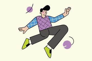 Minimalist Jumping Character Illustration – Modern Cartoon Style, Bold Colors, Floating Person with Abstract Clouds for Tech Branding, Editorial, and App Design.
