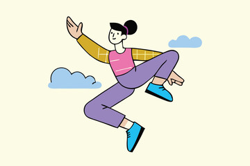 Minimalist Jumping Character Illustration – Modern Cartoon Style, Bold Colors, Floating Person with Abstract Clouds for Tech Branding, Editorial, and App Design.