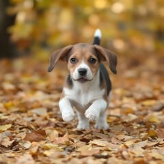 Playful Pup in Autumn's Embrace: A cute beagle puppy bounds joyfully through a vibrant carpet of autumn leaves, its ears flapping and tail wagging.