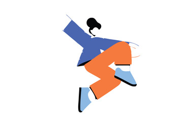 Minimalist Jumping Character Illustration – Modern Cartoon Style, Bold Colors, Floating Person with Abstract Clouds for Tech Branding, Editorial, and App Design.