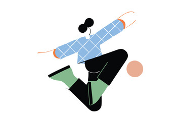 Minimalist Jumping Character Illustration – Modern Cartoon Style, Bold Colors, Floating Person with Abstract Clouds for Tech Branding, Editorial, and App Design.