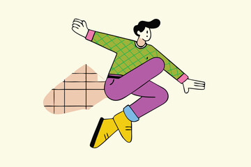 Minimalist Jumping Character Illustration – Modern Cartoon Style, Bold Colors, Floating Person with Abstract Clouds for Tech Branding, Editorial, and App Design.
