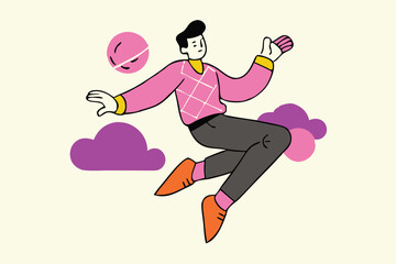 Minimalist Jumping Character Illustration – Modern Cartoon Style, Bold Colors, Floating Person with Abstract Clouds for Tech Branding, Editorial, and App Design.