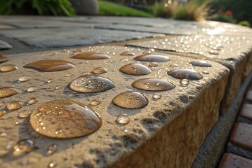Close-up of wet stone surface with dew droplets. Waterproof nanotechnology creates a protective layer. Ideal for architecture, construction, moisture resistance, and natural textures.