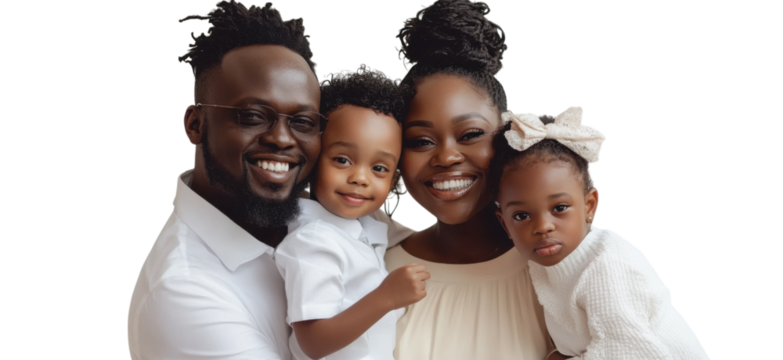 Happy African American Family – Parents with Two Children Isolated on White