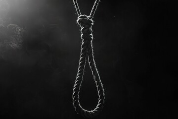 Close-up monochrome image of traditional hangman's noose made from coarse rope on black background. Suitable for use in crime, thriller, drama or historical-themed projects