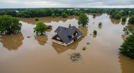 Flooded House Surrounded by Floodwater
