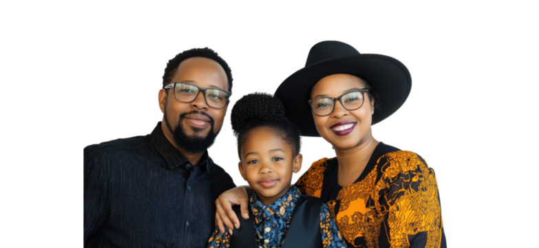 Happy Loving Family Portrait with Two Young Children Indoors, isolated on white background