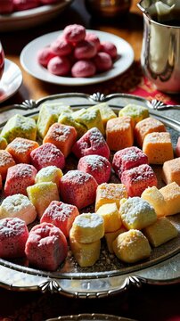 Assorted colorful sweets arranged on a silver platter with pastries  