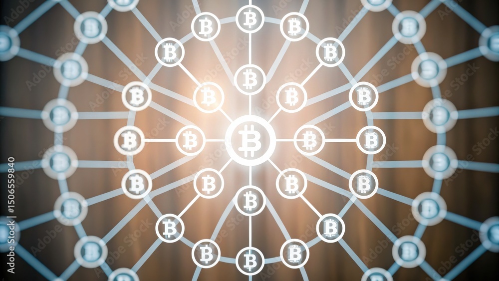 Poster a network of interconnected bitcoin symbols, representing digital currency and blockchain technology