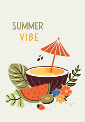 summer vibe. Modern design of posters, postcards, banners. Hand, abstract simple, summer  flowers, watermelon, kiwi, strawberry, coconut, leave, monstera, pineapple. Naive pink art,  vector
