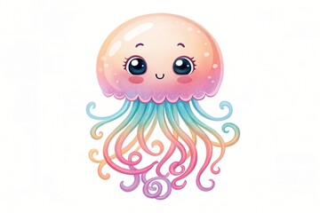 Adorable Rainbow Jellyfish Cartoon Illustration Cute Ocean Animal Design Kawaii Style