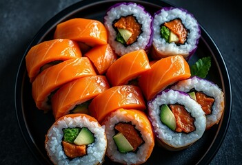 Vibrant sushi platter with alternating rolls