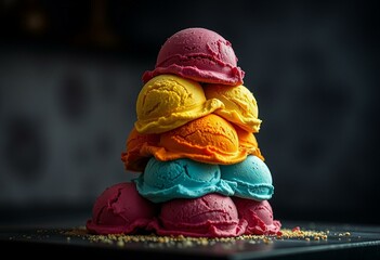 Moody ice cream tower with bold colors and textured scoops