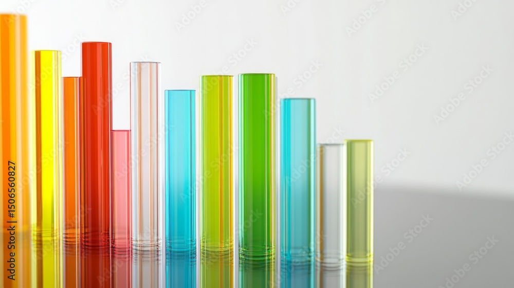 Poster a d bar graph with tall, glossy pillars in various colors rising from a reflective surface, symboliz
