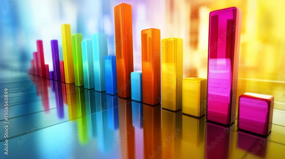 Aufkleber a d bar graph with tall, glossy pillars in various colors rising from a reflective surface, symboliz