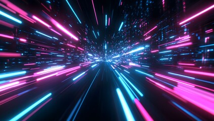 Obraz premium Glowing light trails in motion, a fast-paced effect on a black background with neon blue and pink lines.