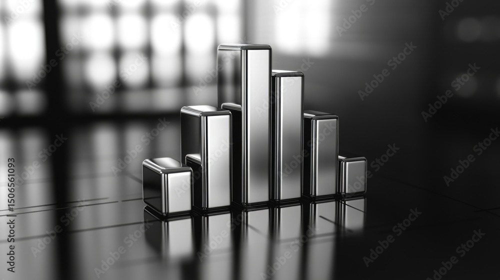 Poster a d stacked bar chart with metallic bars in ascending order, placed on a reflective surface, highlig