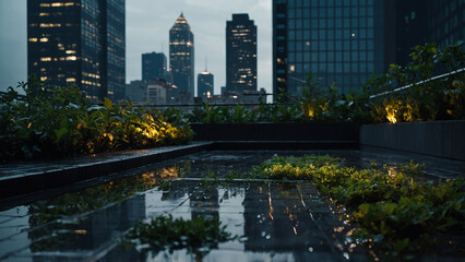 A quiet rooftop garden in the middle of a city glowing from below with scattered raindrops on the stone tiles and low shrubs catching reflections from nearby skyscrapers, the camera