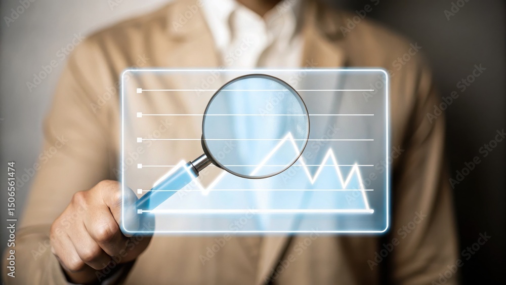 Aufkleber a person in a suit examines a digital graph with a magnifying glass, symbolizing data analysis and b