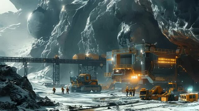 A futuristic mining operation on an asteroid, with machinery and miners working in the harsh environment
