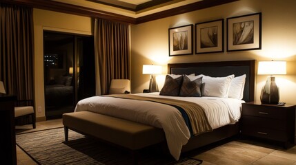 A beautifully decorated modern bedroom with a large, comfortable bed, plush pillows, and soft, ambient lighting, creating a cozy and inviting atmosphere.