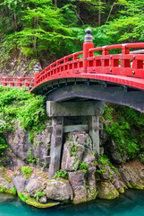 Vermilion Shinkyo bridge over the Daiya-gawa river in Nikko, Japan.