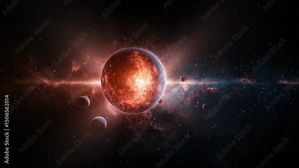 Poster a fiery, glowing planet surrounded by several smaller planets and distant stars in deep space.