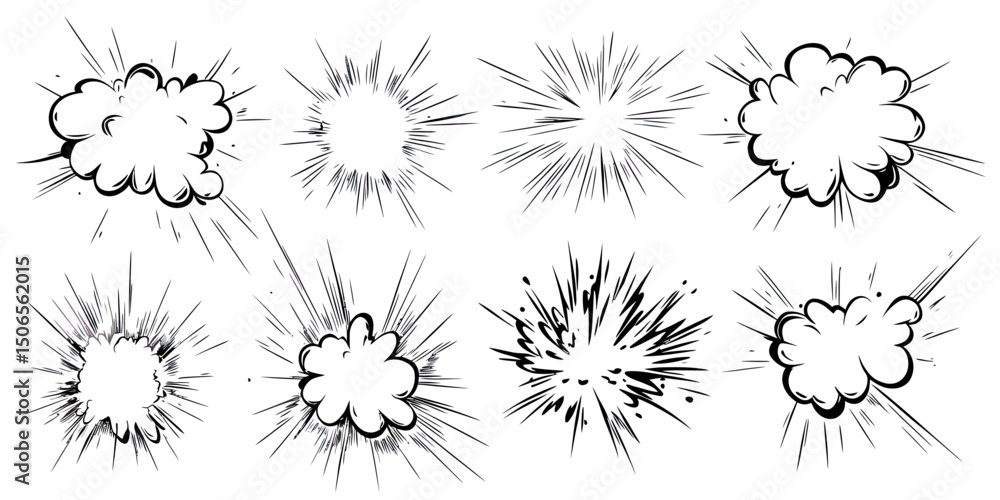 Poster set of comic book explosion bursts with smoke clouds and dynamic speed lines in hand drawn sketch st