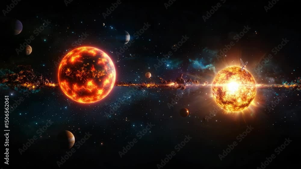 Poster a fiery planet and a glowing star are connected by a stream of energy in a colorful, dynamic space s