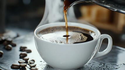 Hot coffee being poured into a white cup with steam rising and coffee beans scattered nearby. - Powered by Adobe