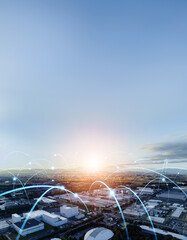 Industrial area and communication network collage. Vertical visual for advertisements and banners.