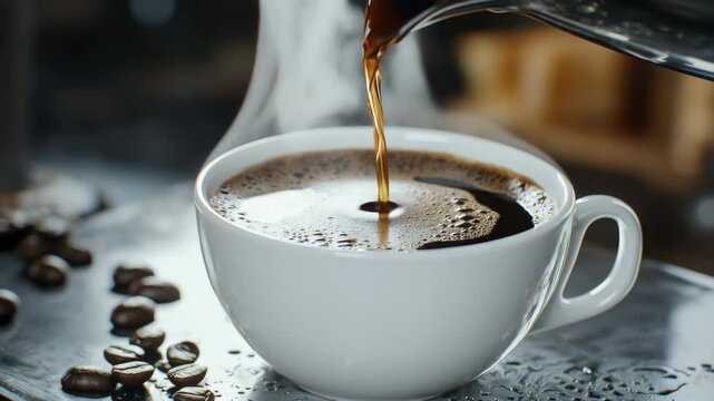 Hot coffee being poured into a white cup with steam rising and coffee beans scattered nearby.
