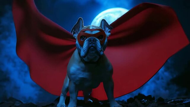 A bulldog dressed as a superhero with a red cape and mask stands heroically under a bright full moon at night.